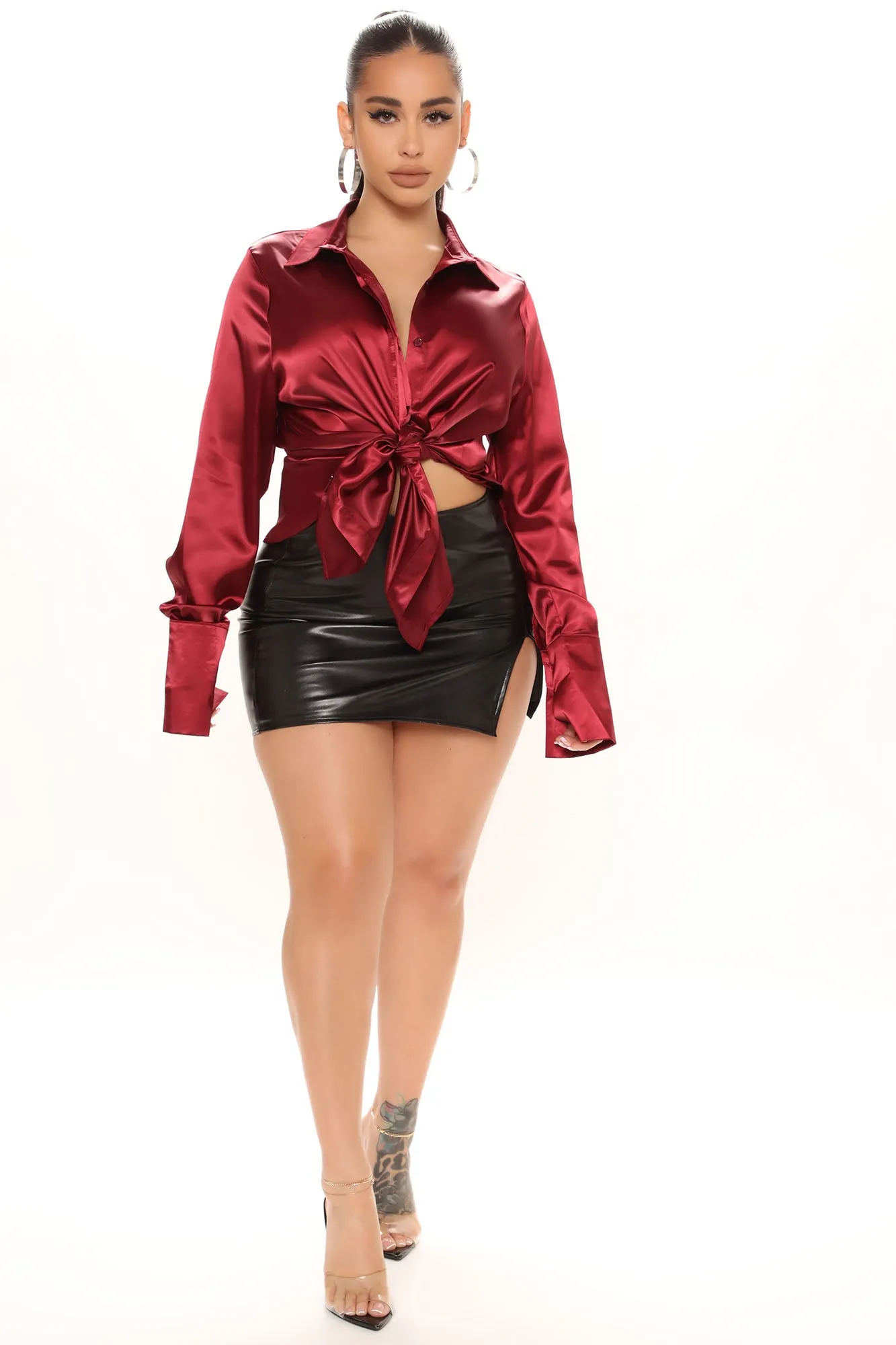 24 Seven Satin Shirt - Burgundy
