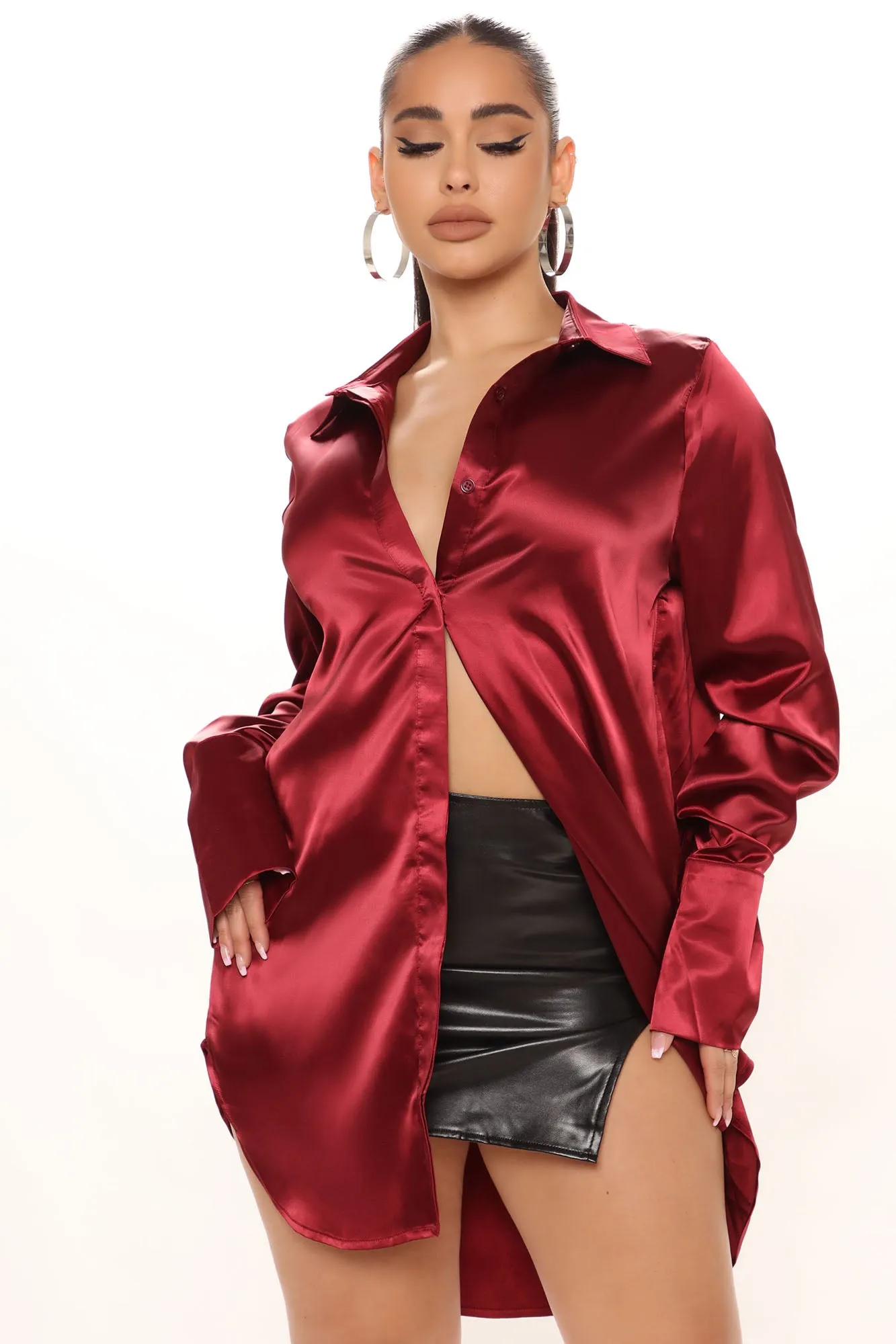 24 Seven Satin Shirt - Burgundy