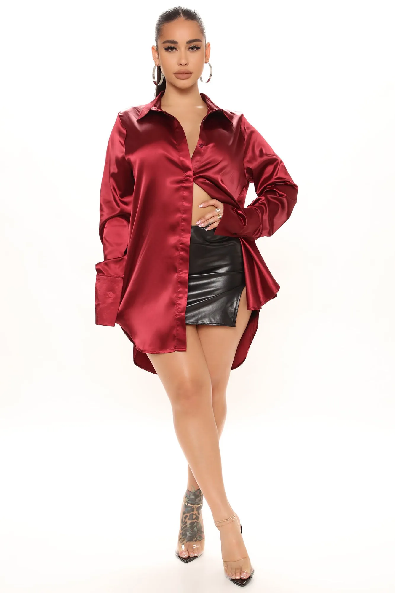 24 Seven Satin Shirt - Burgundy