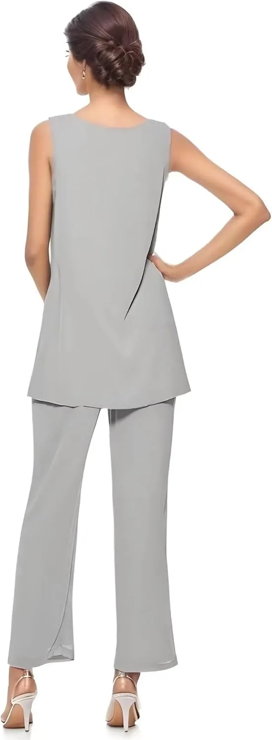 3 Pieces Mother of The Bride Pant Suits for Wedding Sequin Chiffon Wedding Guest Outfit for Women with Jacket