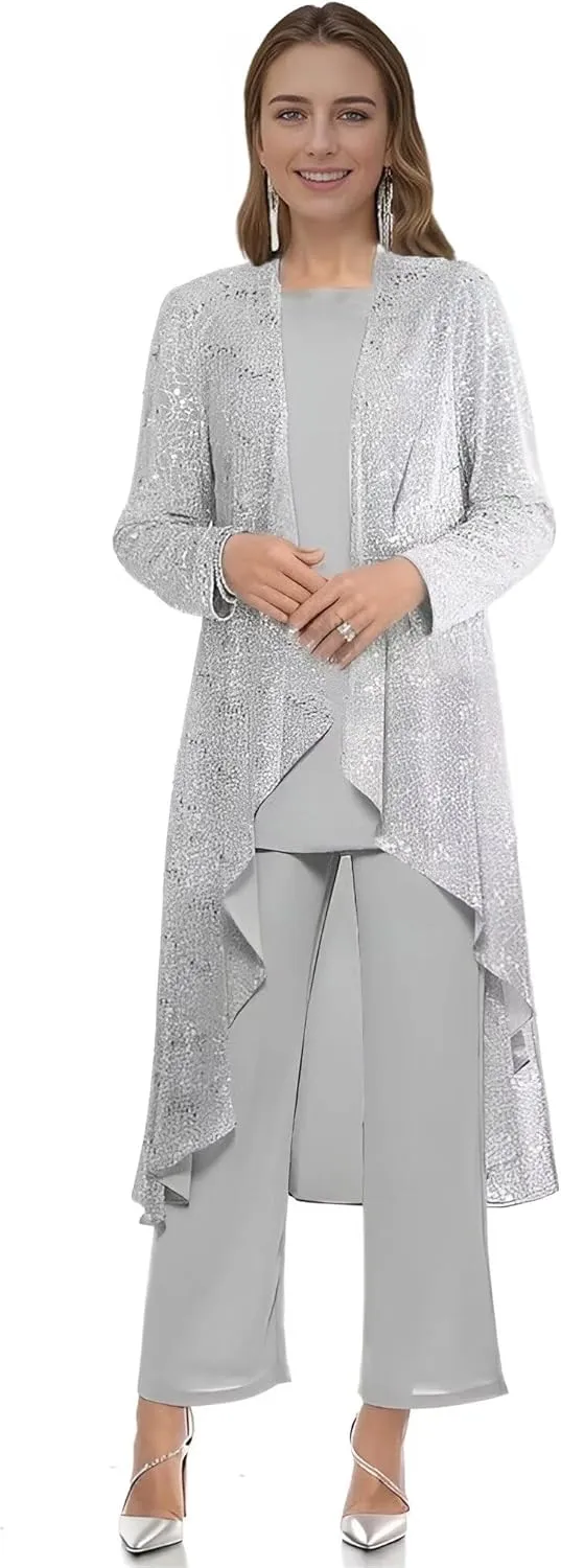 3 Pieces Mother of The Bride Pant Suits for Wedding Sequin Chiffon Wedding Guest Outfit for Women with Jacket