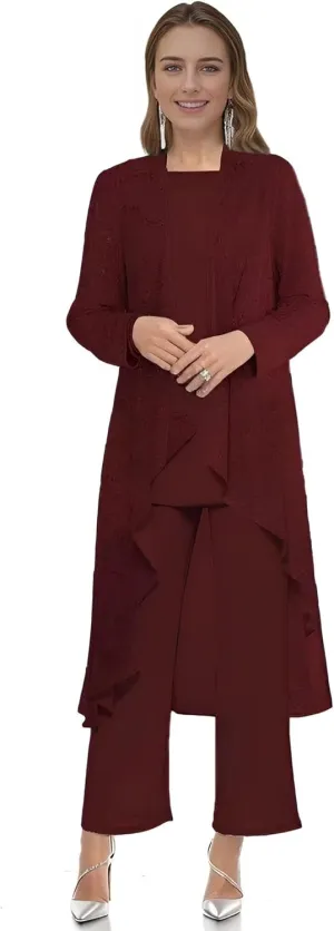 3 Pieces Mother of The Bride Pant Suits for Wedding Sequin Chiffon Wedding Guest Outfit for Women with Jacket
