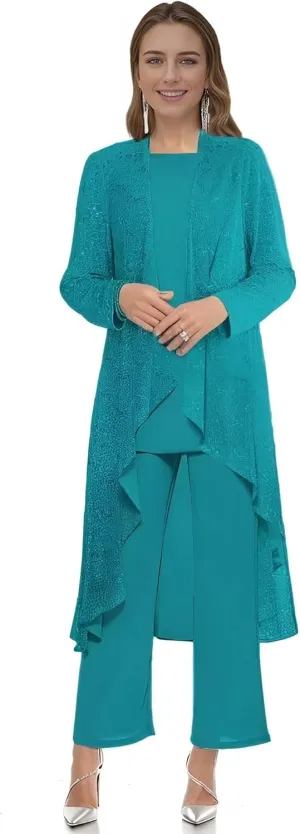 3 Pieces Mother of The Bride Pant Suits for Wedding Sequin Chiffon Wedding Guest Outfit for Women with Jacket