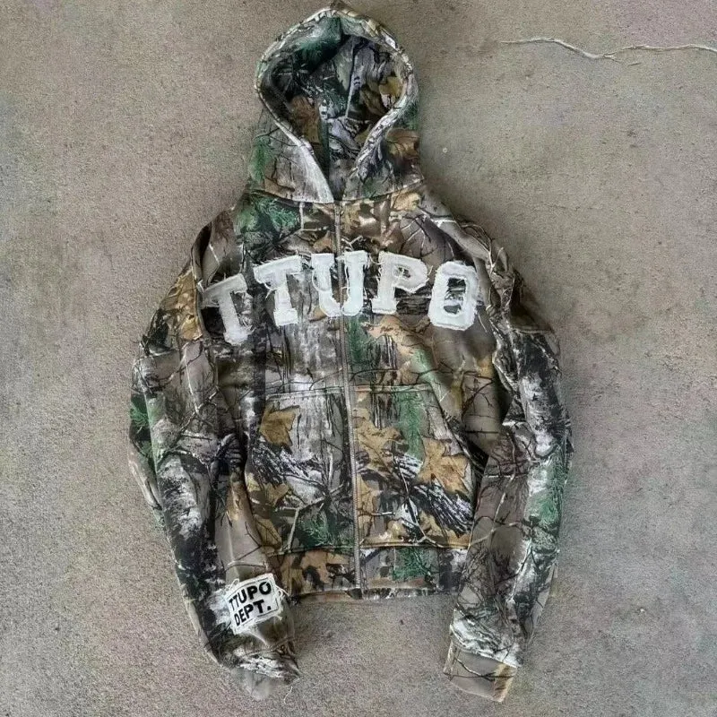 Advbridge American style trendy letter embroidery camouflage pattern oversized hoodie men's Y2K street Harajuku loose zipper sweatshirt