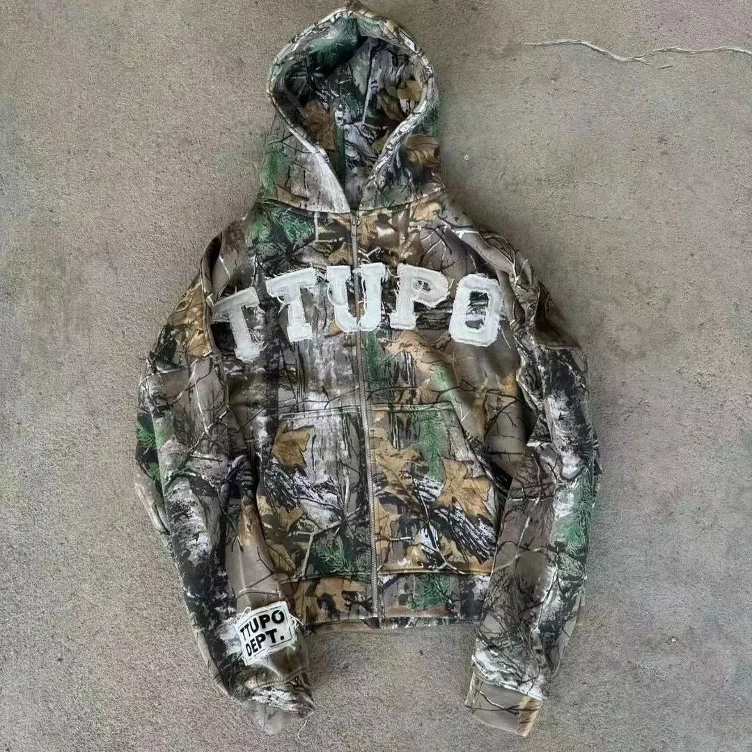 Advbridge American style trendy letter embroidery camouflage pattern oversized hoodie men's Y2K street Harajuku loose zipper sweatshirt