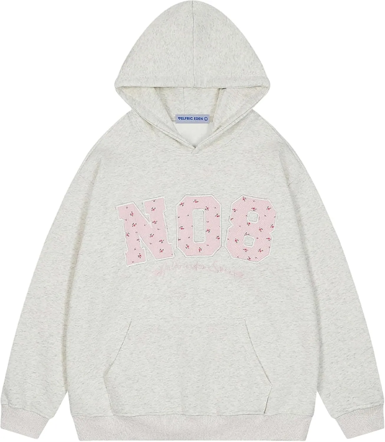 Aelfric Eden Womens Oversized Graphic Hoodies Y2k Flower Embroidery Number Print Hoodie Pullover Hooded Sweatshirt Unisex Grey