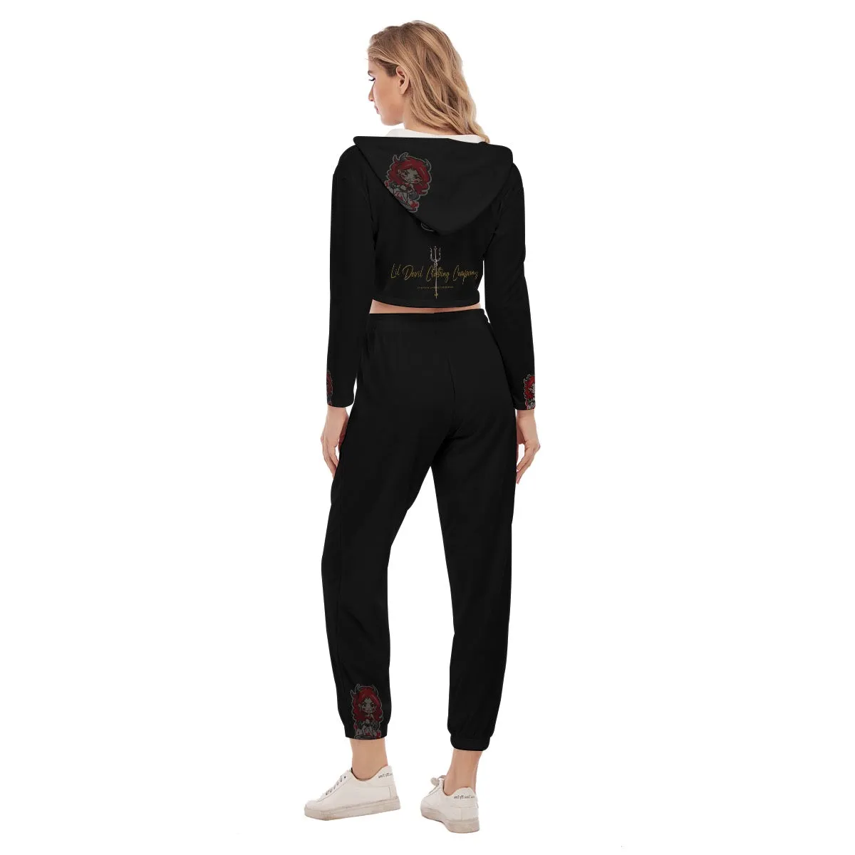 All-Over Print Women's Crop Hoodie Sports Set little devil theme