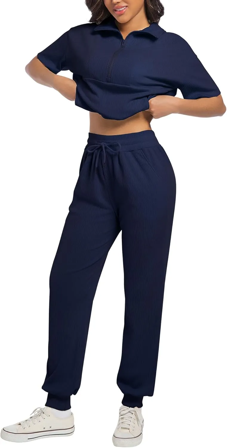 AVAMO Womens Two Piece Sets Stretch Travel Outfits 3/4 Zip Jogger Sets 2 Piece Loungewear Airport Outfits Set with Pockets