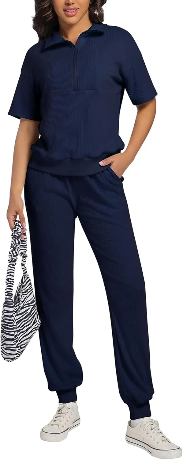 AVAMO Womens Two Piece Sets Stretch Travel Outfits 3/4 Zip Jogger Sets 2 Piece Loungewear Airport Outfits Set with Pockets