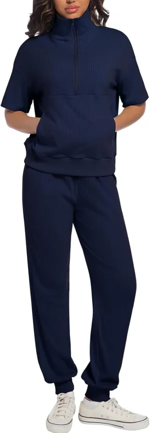 AVAMO Womens Two Piece Sets Stretch Travel Outfits 3/4 Zip Jogger Sets 2 Piece Loungewear Airport Outfits Set with Pockets