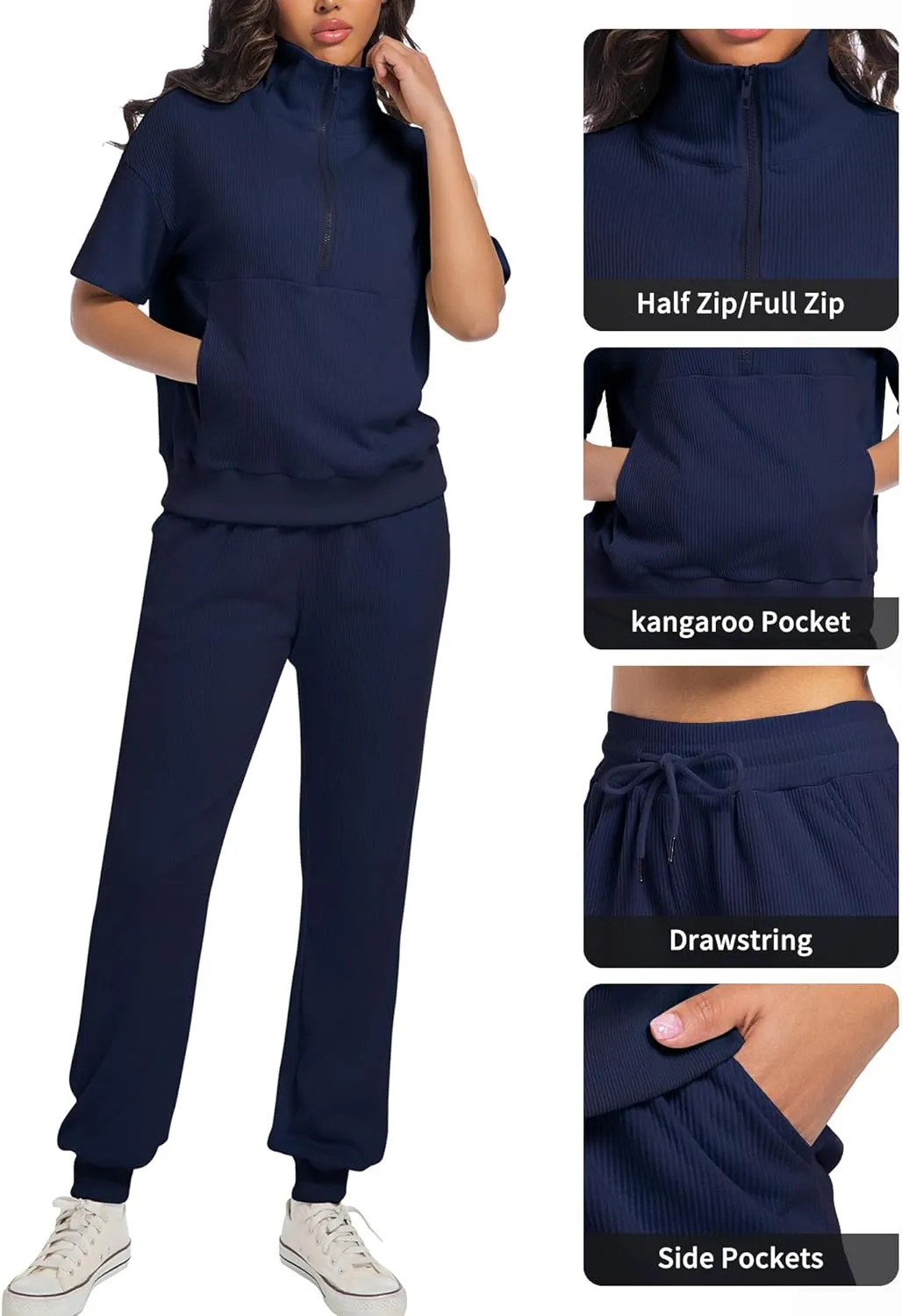 AVAMO Womens Two Piece Sets Stretch Travel Outfits 3/4 Zip Jogger Sets 2 Piece Loungewear Airport Outfits Set with Pockets