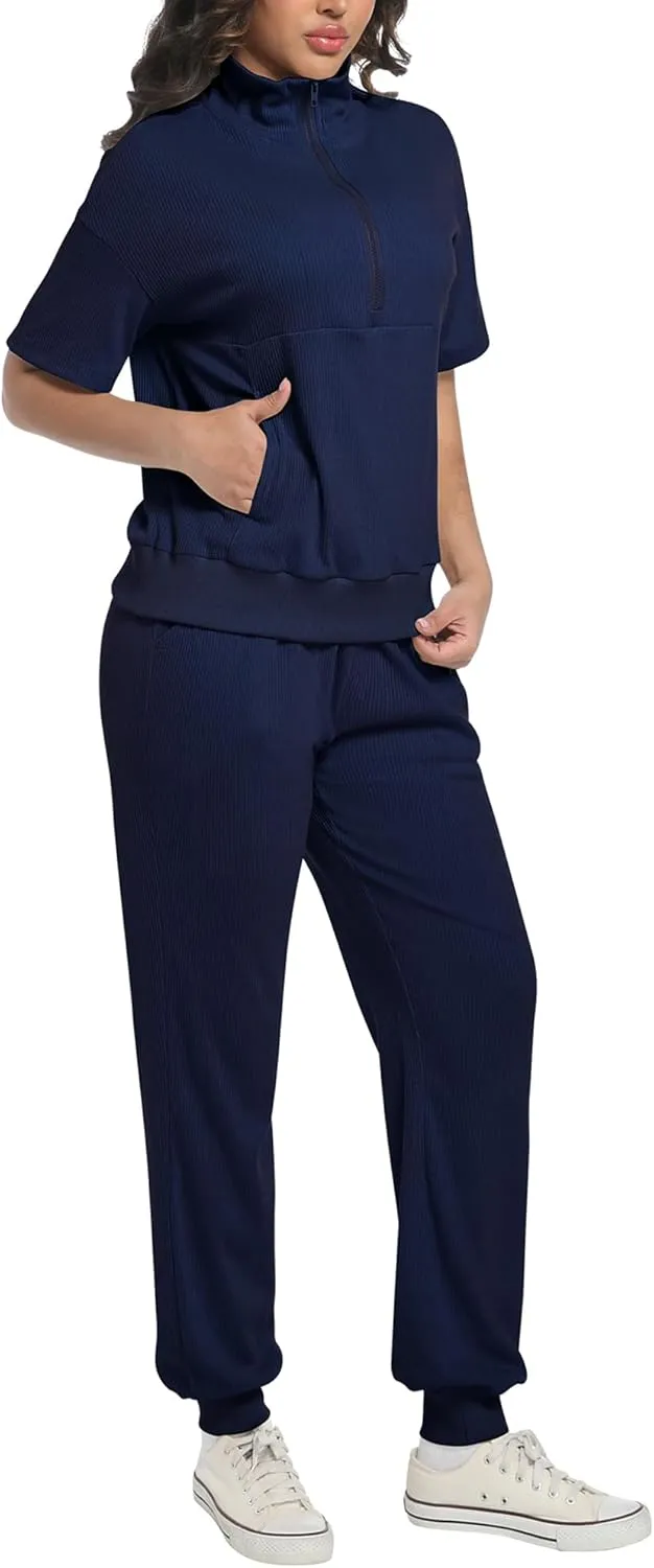 AVAMO Womens Two Piece Sets Stretch Travel Outfits 3/4 Zip Jogger Sets 2 Piece Loungewear Airport Outfits Set with Pockets