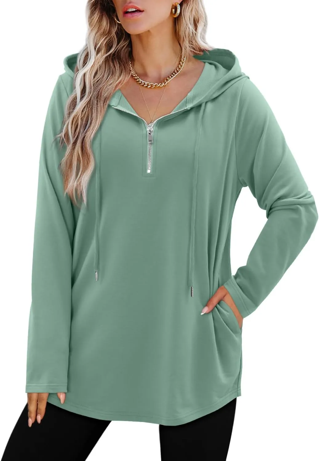 BETTE BOUTIK Womens Quarter Zip Tunic Hoodies Pullover Long Hooded Sweatshirts S-3XL