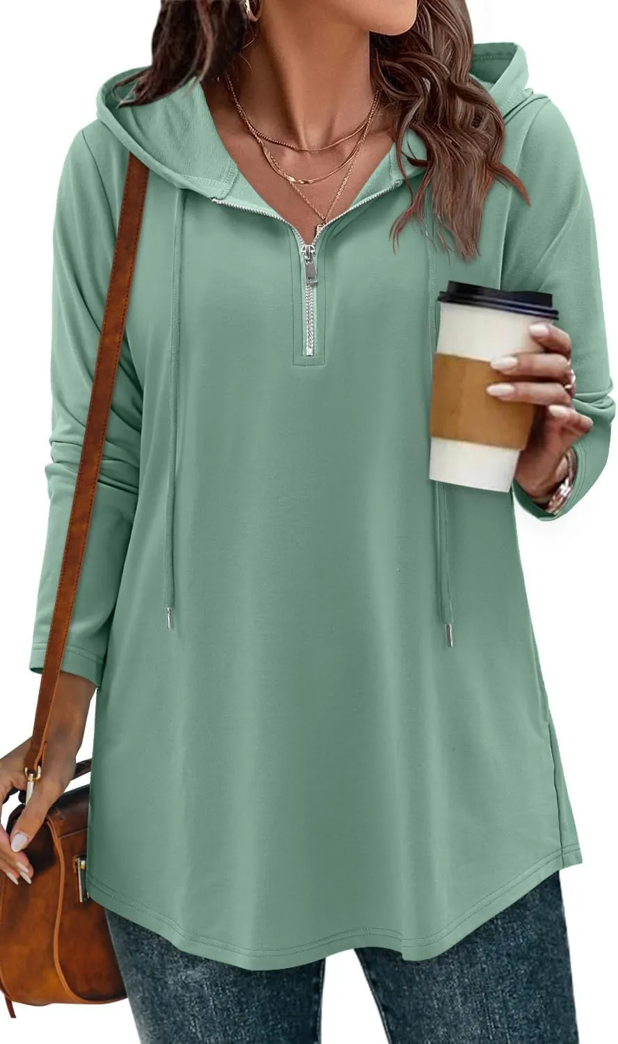 BETTE BOUTIK Womens Quarter Zip Tunic Hoodies Pullover Long Hooded Sweatshirts S-3XL