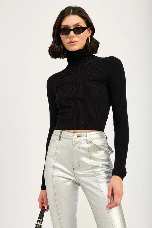 Black Knit Turtleneck Long Sleeve Crop Top