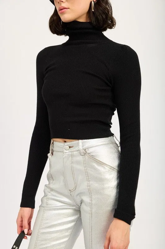 Black Knit Turtleneck Long Sleeve Crop Top
