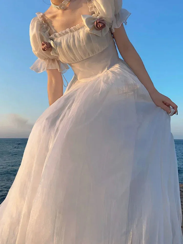 Bonnyshow  French Elegant Princess White Dress Women Sexy Backless Sweet Vintage Lolita Dress Female 2022 Korean Casual Long Fairy Dresses