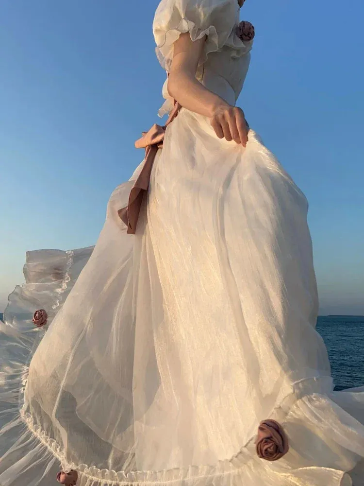 Bonnyshow  French Elegant Princess White Dress Women Sexy Backless Sweet Vintage Lolita Dress Female 2022 Korean Casual Long Fairy Dresses