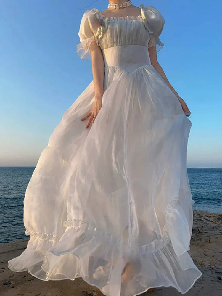 Bonnyshow  French Elegant Princess White Dress Women Sexy Backless Sweet Vintage Lolita Dress Female 2022 Korean Casual Long Fairy Dresses