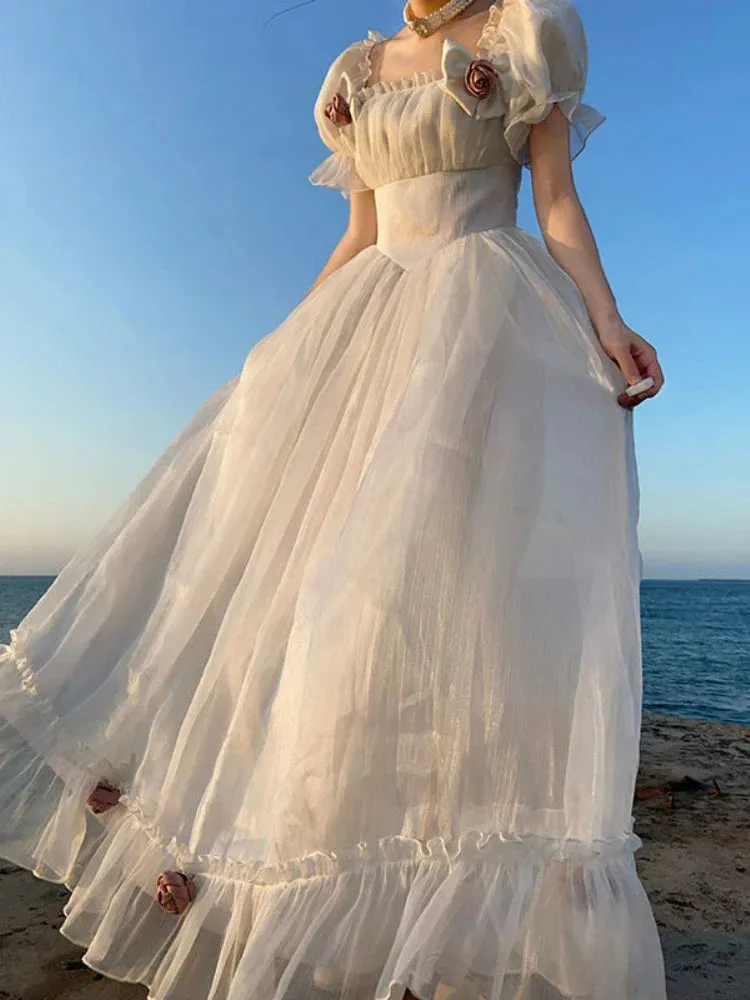 Bonnyshow  French Elegant Princess White Dress Women Sexy Backless Sweet Vintage Lolita Dress Female 2022 Korean Casual Long Fairy Dresses