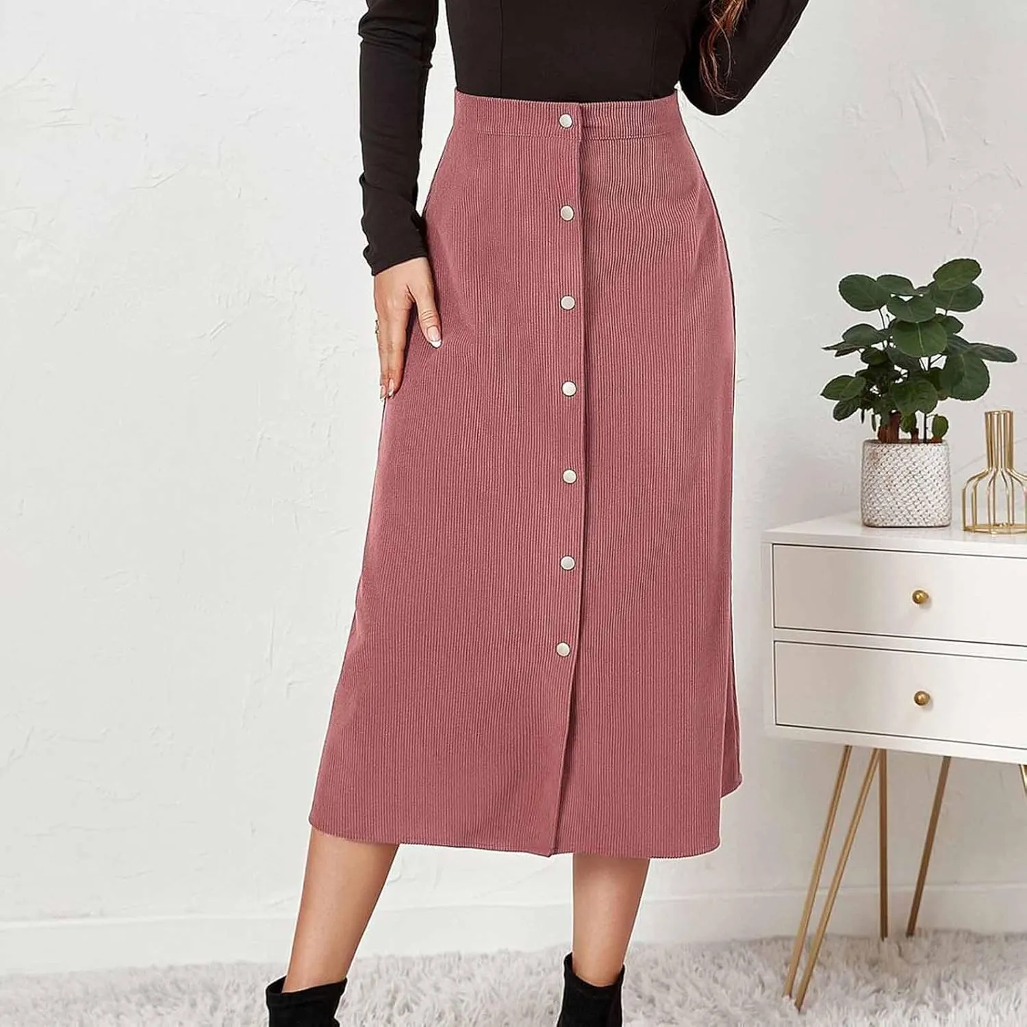BTDECLAR Women's Corduroy Midi Skirt High Waisted Button Front Flowy A-Line Skirts Trendy Business Work Pencil Maxi Skirts
