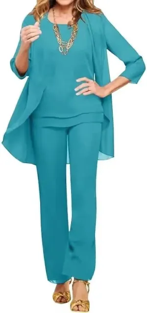 Chiffon Pantsuits for Women Casual 3 Piece Grandmother of Groom Dresses Pant Suits Formal Outfits for Wedding Teal Blue US 14
