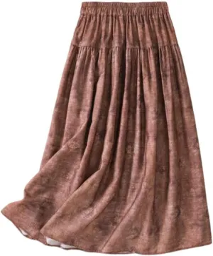 Cotton Linen Skirts for Women Elastic Waisted Vintage Ruffle Hem Midi Skirt Summer Solid Color Vacation Flowy Skirt