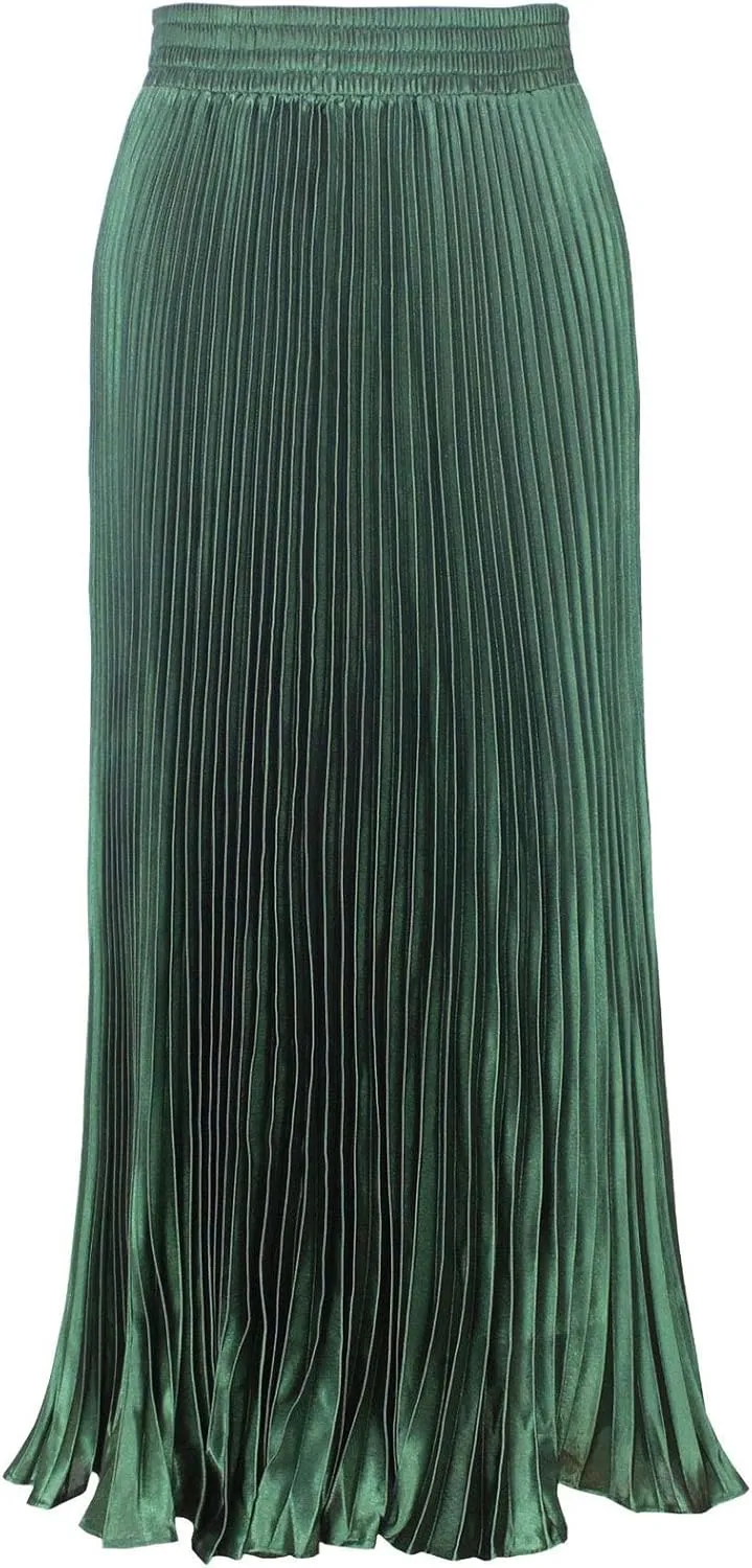 ebossy Women's Boho Satin Metallic Pleated Accordion Skirts Elastic High Waist Flowy A Line Shirring Maxi Long Skirt