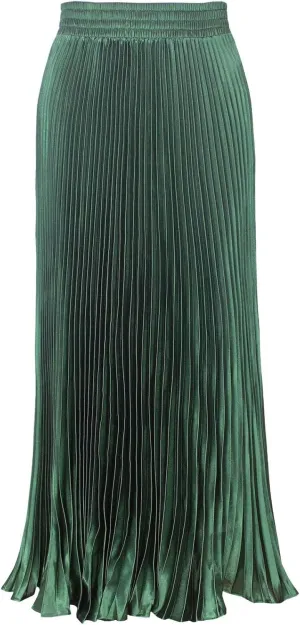 ebossy Women's Boho Satin Metallic Pleated Accordion Skirts Elastic High Waist Flowy A Line Shirring Maxi Long Skirt