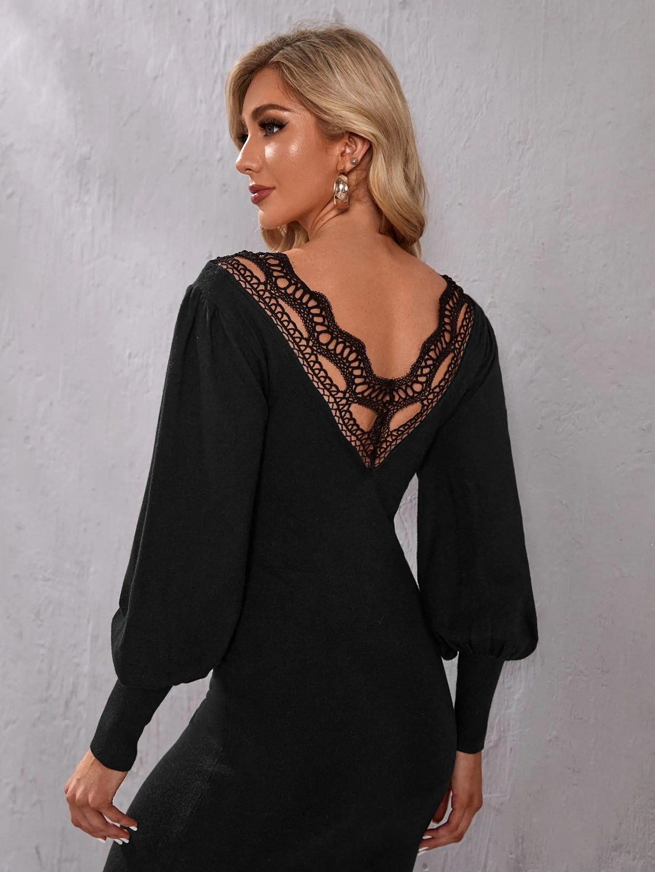 Elegant Plain Contrast Lace Long Sleeve V Neck Straight High Waist Midi Women Sweater Dress