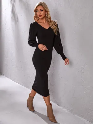 Elegant Plain Contrast Lace Long Sleeve V Neck Straight High Waist Midi Women Sweater Dress
