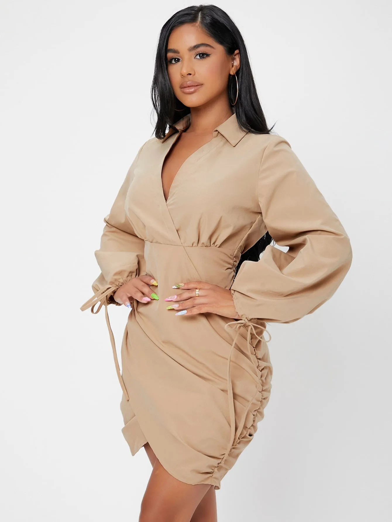 Elegant Plain Knot Long Sleeve Collar Wrap High Waist Short Dress