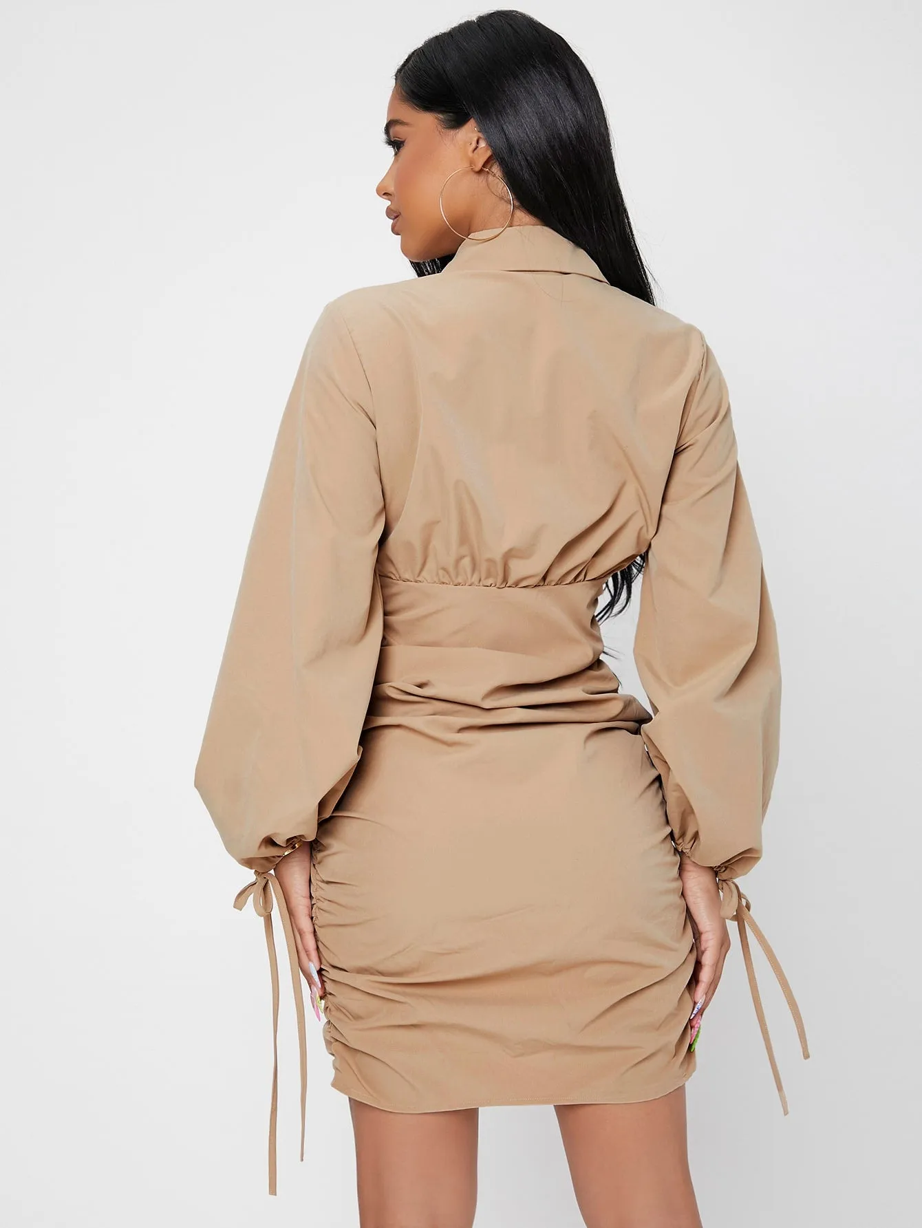Elegant Plain Knot Long Sleeve Collar Wrap High Waist Short Dress