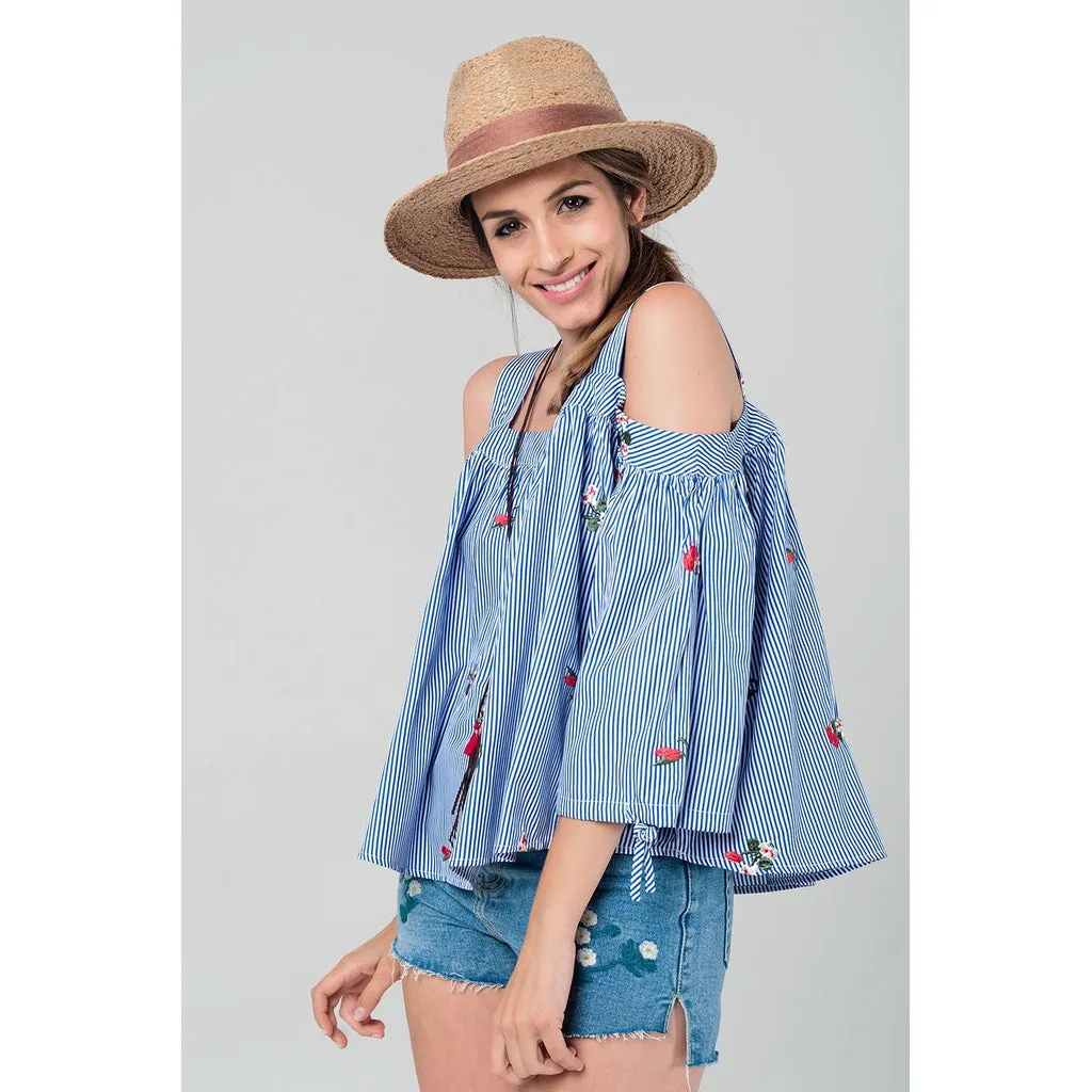 Embroidered cold shoulder striped top