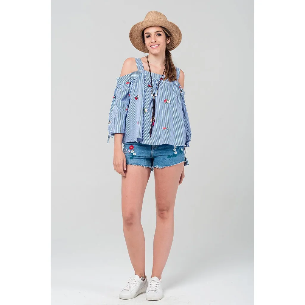 Embroidered cold shoulder striped top