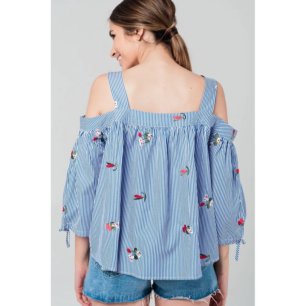 Embroidered cold shoulder striped top