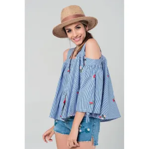 Embroidered cold shoulder striped top