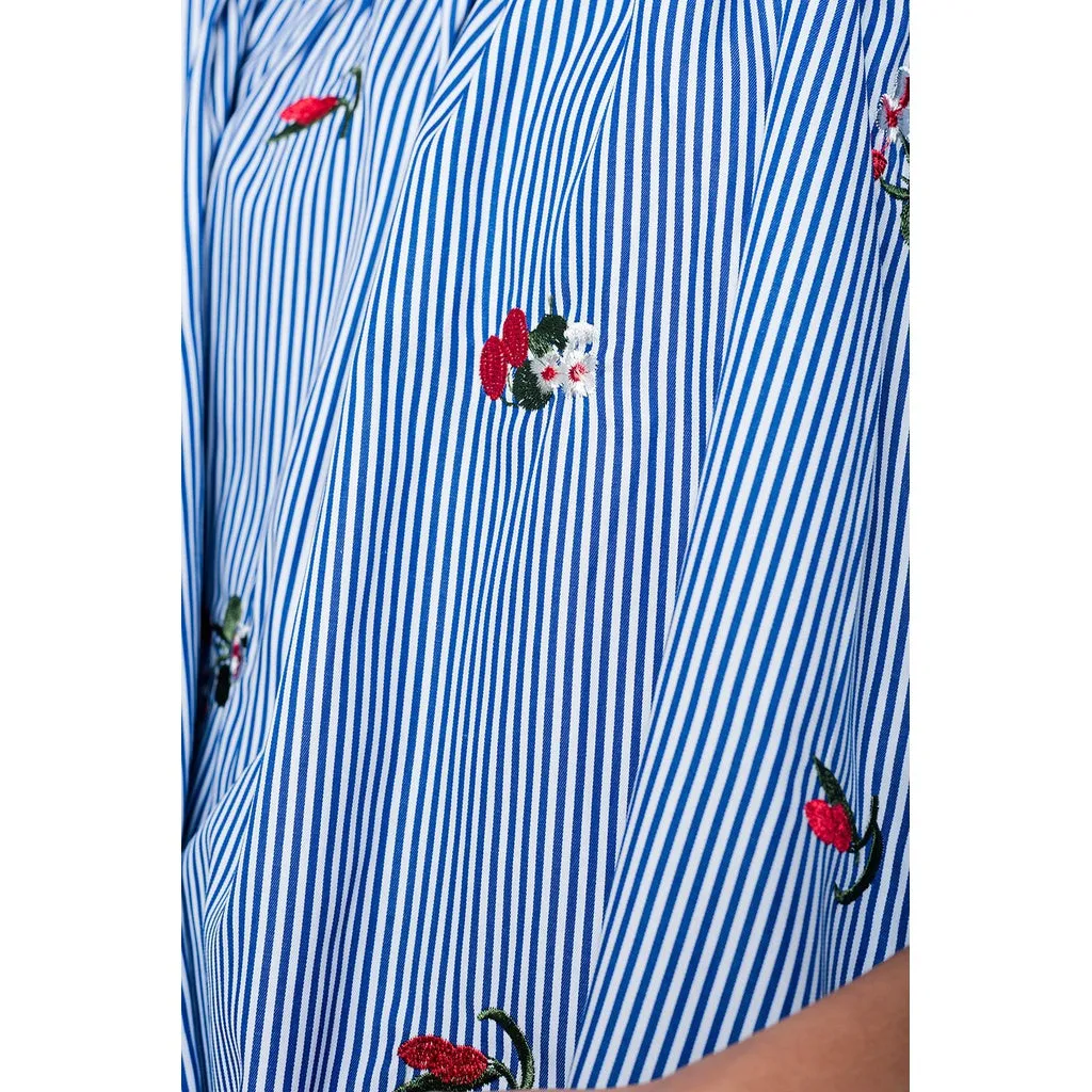 Embroidered cold shoulder striped top