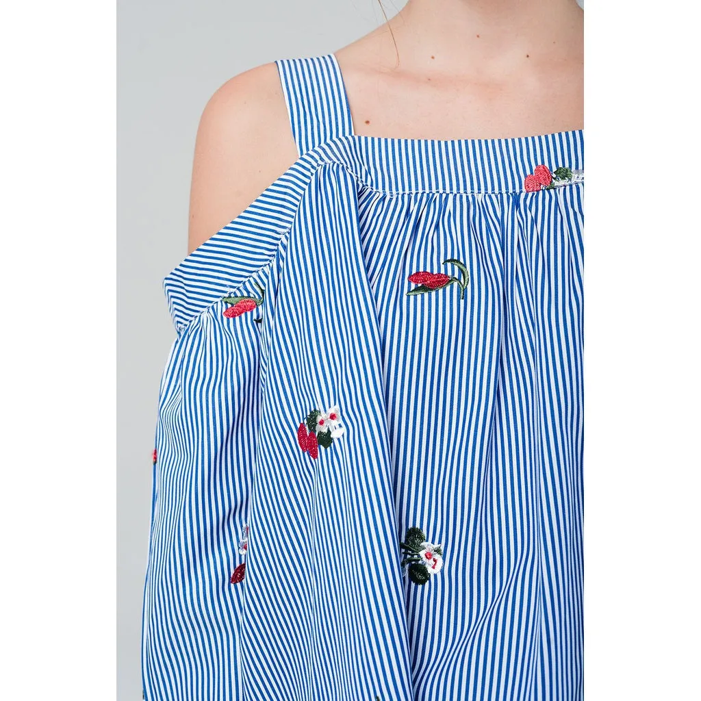 Embroidered cold shoulder striped top