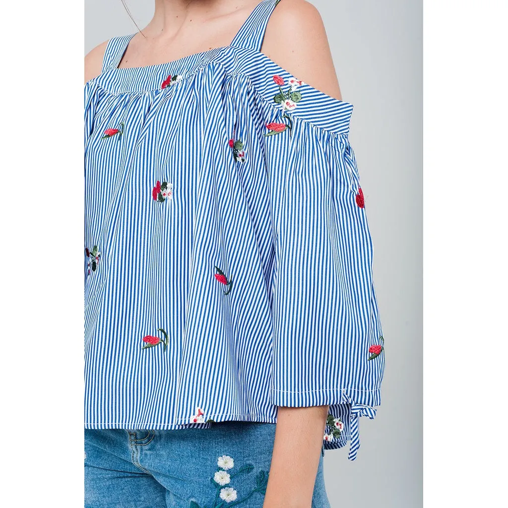 Embroidered cold shoulder striped top
