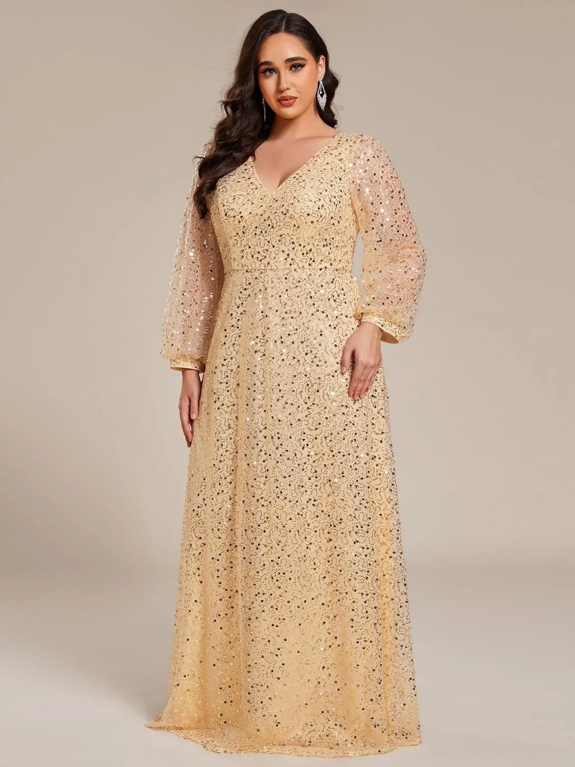 Ever-Pretty Women's A-Line V Neck Sheer Long Sleeves Plus Size Sequin Formal Dress 01999-DA
