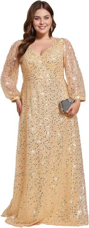 Ever-Pretty Women's A-Line V Neck Sheer Long Sleeves Plus Size Sequin Formal Dress 01999-DA
