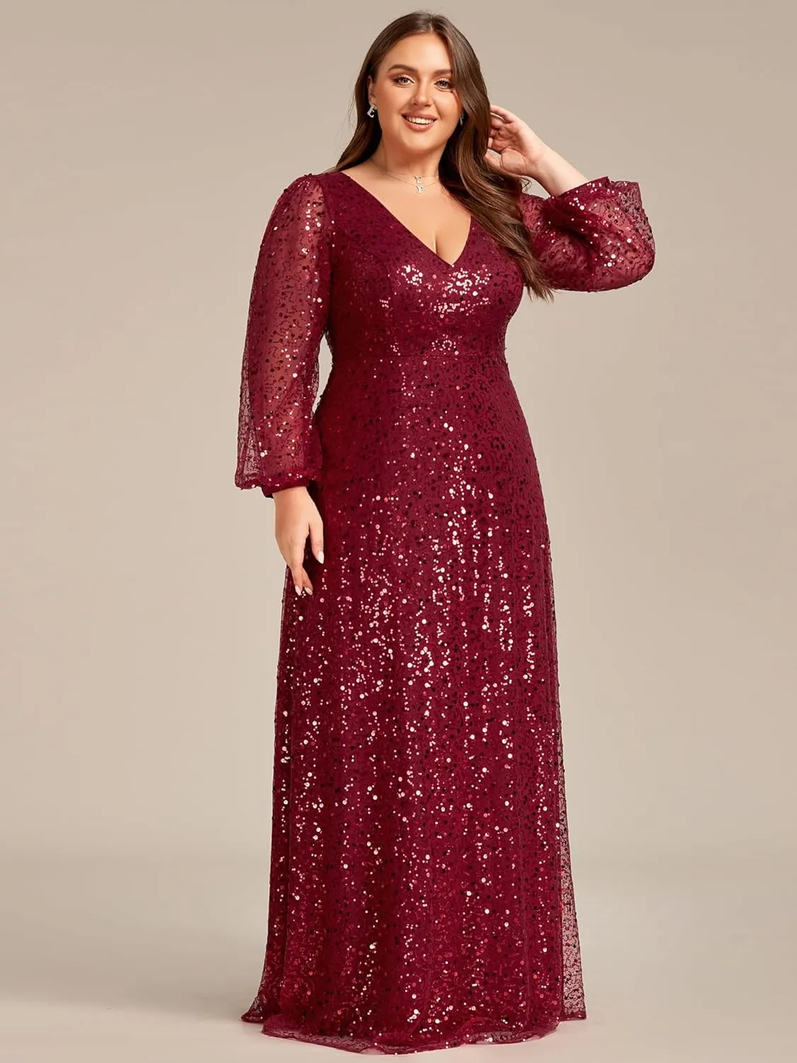 Ever-Pretty Women's A-Line V Neck Sheer Long Sleeves Plus Size Sequin Formal Dress 01999-DA
