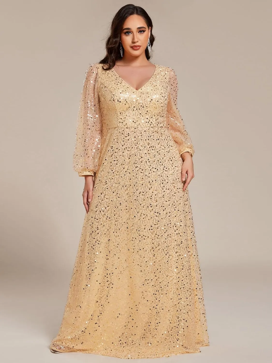 Ever-Pretty Women's A-Line V Neck Sheer Long Sleeves Plus Size Sequin Formal Dress 01999-DA