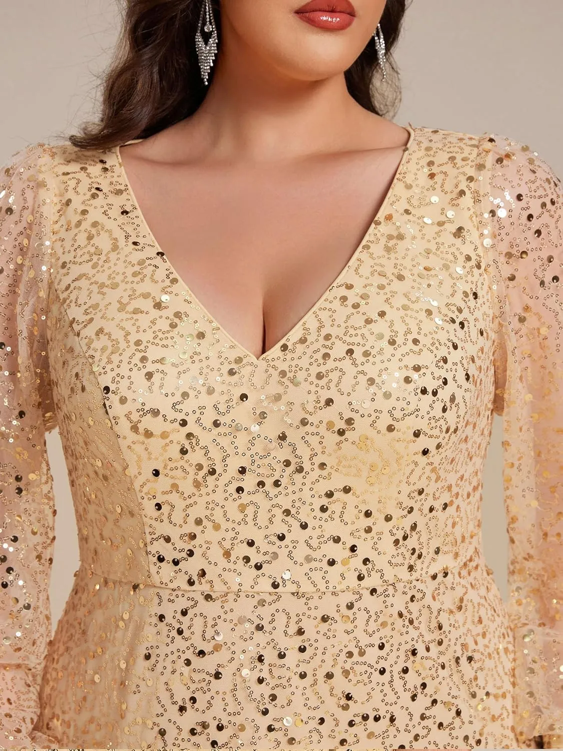 Ever-Pretty Women's A-Line V Neck Sheer Long Sleeves Plus Size Sequin Formal Dress 01999-DA