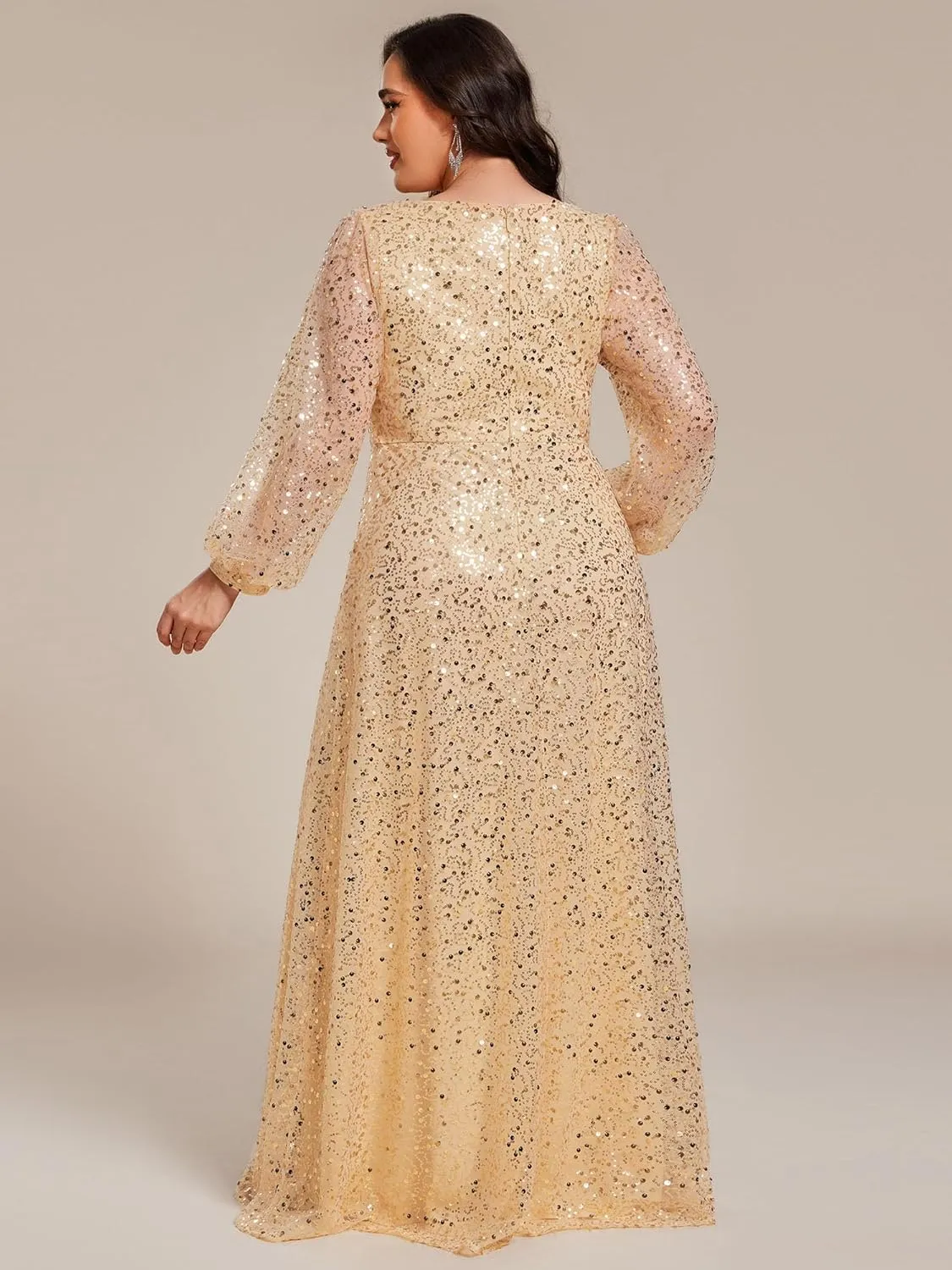 Ever-Pretty Women's A-Line V Neck Sheer Long Sleeves Plus Size Sequin Formal Dress 01999-DA