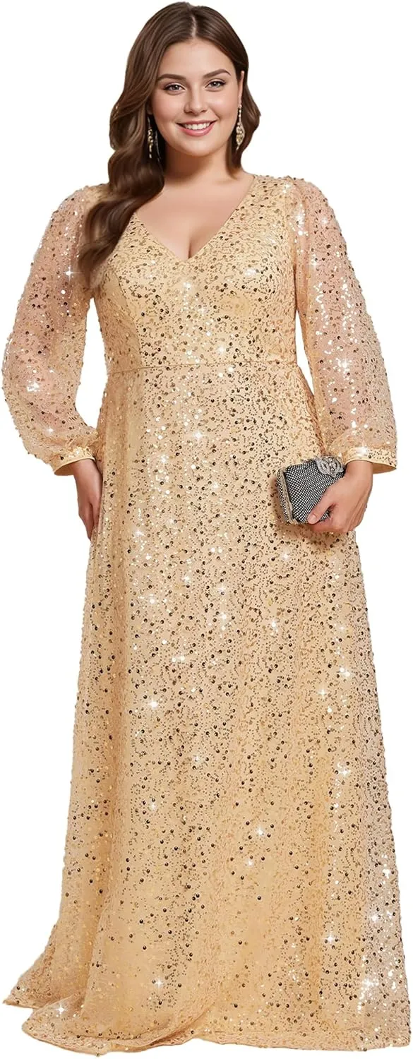 Ever-Pretty Women's A-Line V Neck Sheer Long Sleeves Plus Size Sequin Formal Dress 01999-DA