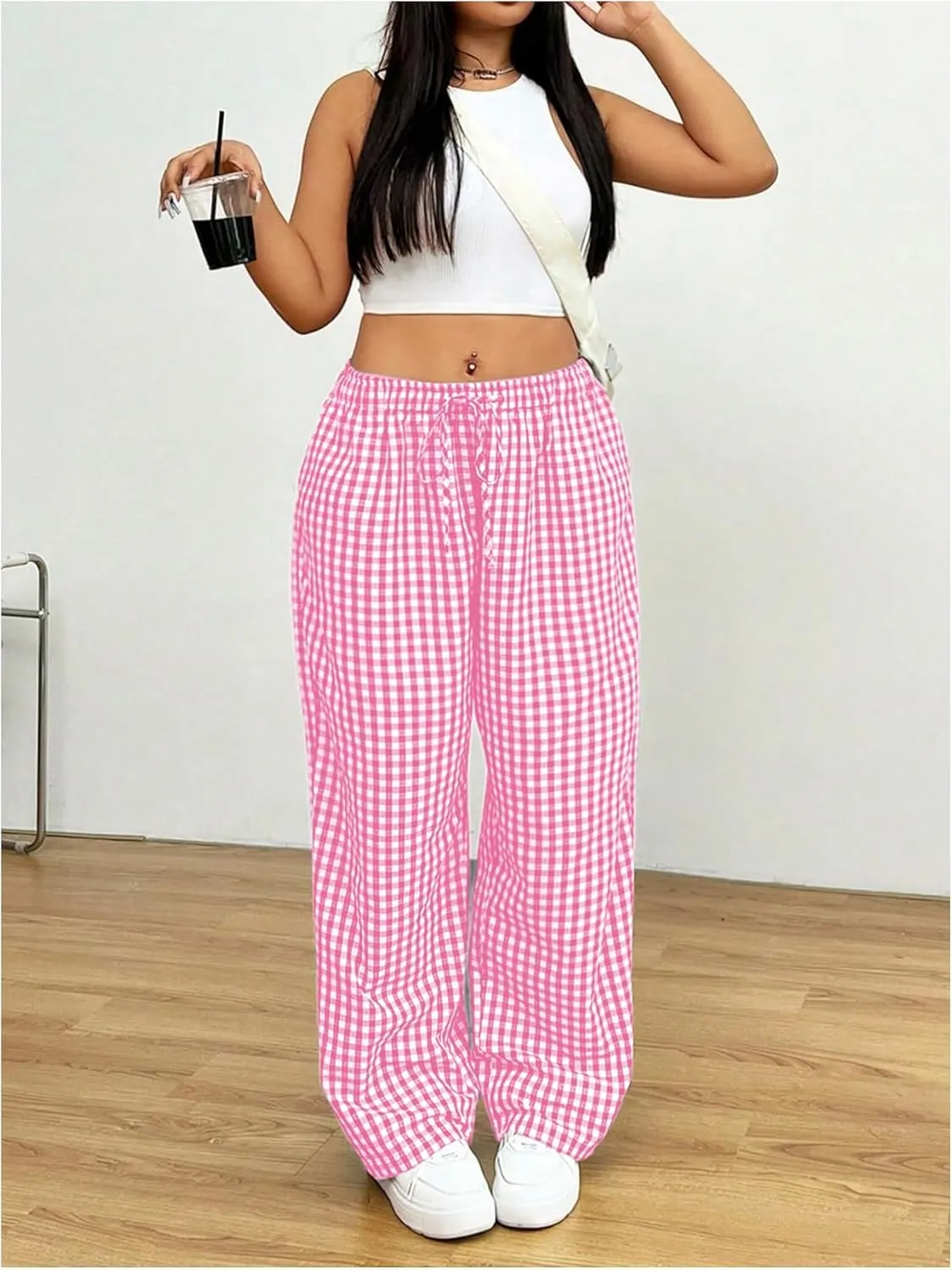 Floerns Women's Plus Size Drawstring Waist Gingham Plaid Baggy Wide Leg Pants