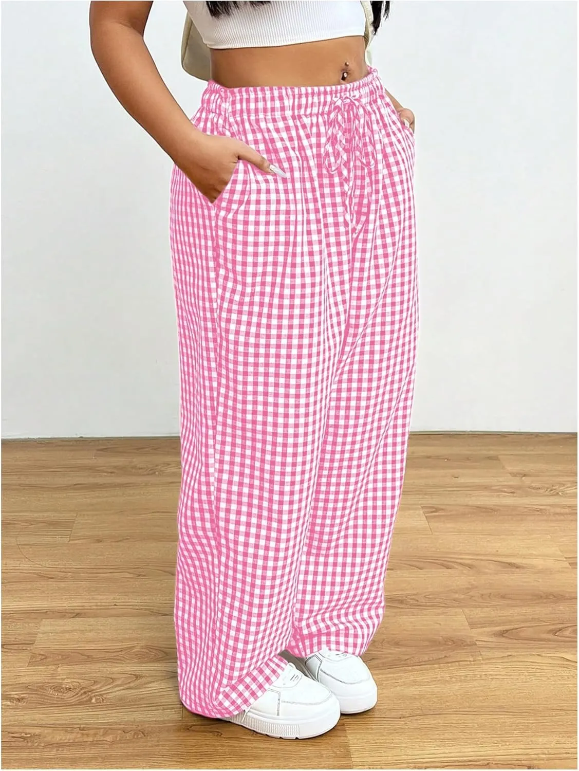 Floerns Women's Plus Size Drawstring Waist Gingham Plaid Baggy Wide Leg Pants