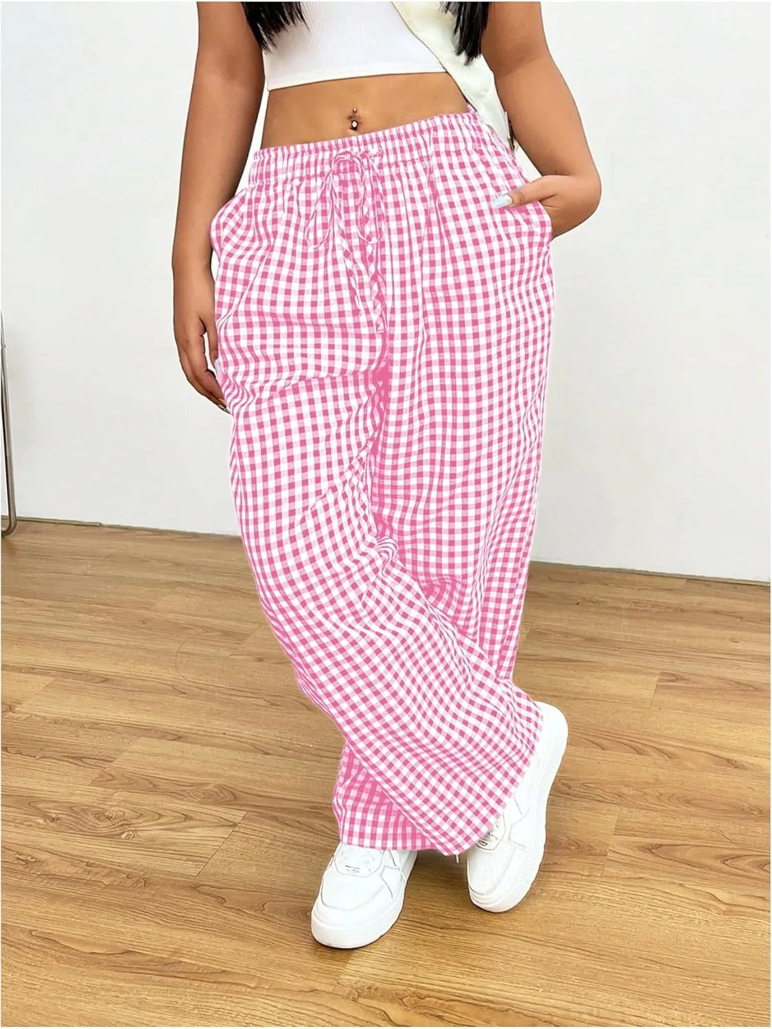 Floerns Women's Plus Size Drawstring Waist Gingham Plaid Baggy Wide Leg Pants